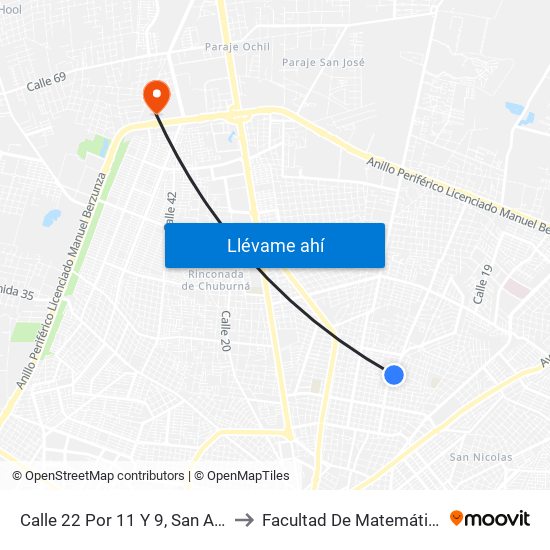 Calle 22 Por 11 Y 9, San Antonio Cinta to Facultad De Matemáticas (Uady) map