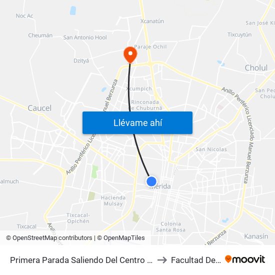 Primera Parada Saliendo Del Centro Histórico, Calle 72 Por 55 Y 53, Barrio De Santiago Centro to Facultad De Matemáticas (Uady) map