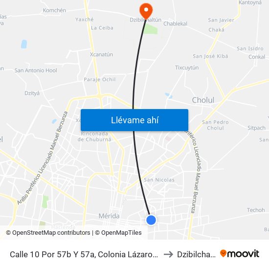 Calle 10 Por 57b Y 57a, Colonia Lázaro Cárdenas to Dzibilchaltún map