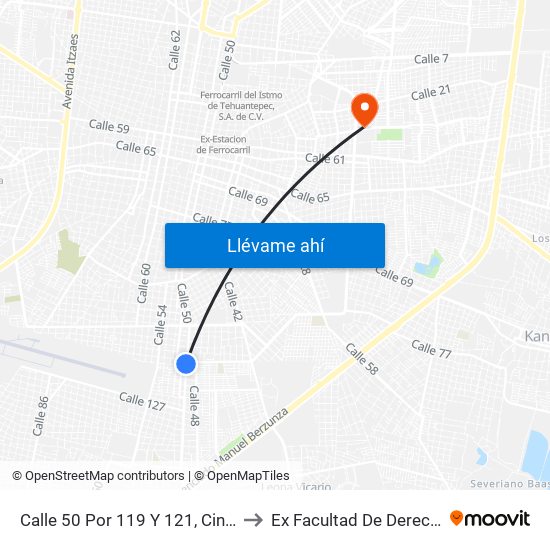 Calle 50 Por 119 Y 121, Cinco Colonias to Ex Facultad De Derecho (Uady) map