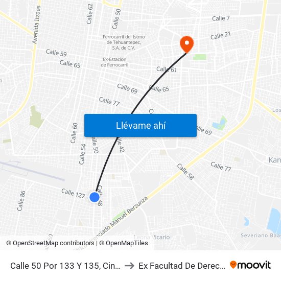 Calle 50 Por 133 Y 135, Cinco Colonias to Ex Facultad De Derecho (Uady) map