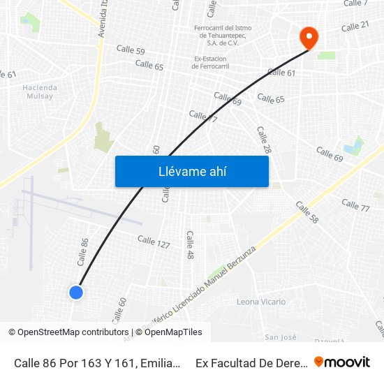 Calle 86 Por 163 Y 161, Emiliano Zapata Sur III to Ex Facultad De Derecho (Uady) map