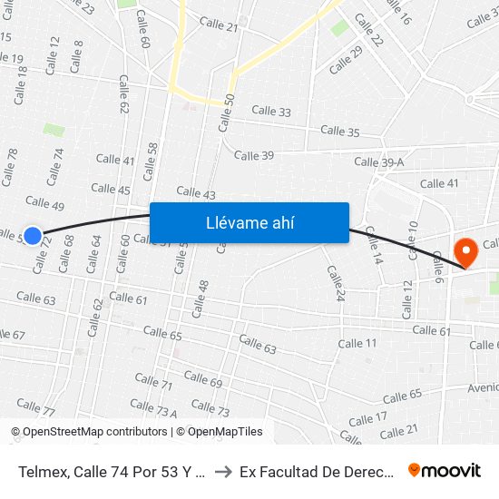 Telmex, Calle 74 Por 53 Y 55, Centro to Ex Facultad De Derecho (Uady) map