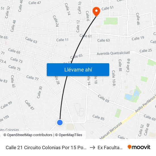 Calle 21 Circuito Colonias Por 15 Poniente Y 14 Poniente, Fraccionamiento Unidad Morelos to Ex Facultad De Derecho (Uady) map