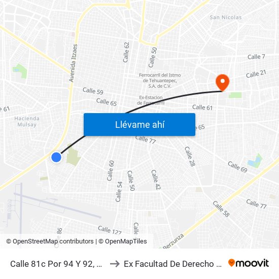 Calle 81c Por 94 Y 92, Obrera to Ex Facultad De Derecho (Uady) map