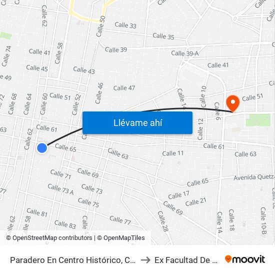 Paradero En Centro Histórico, Calle 58 Por 65 Y 67, Centro to Ex Facultad De Derecho (Uady) map