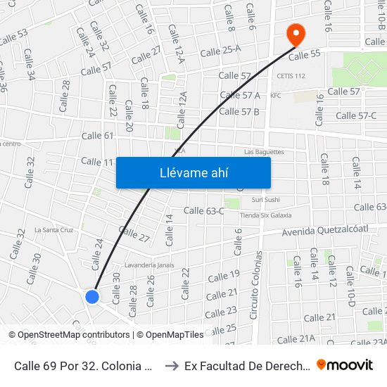 Calle 69 Por 32. Colonia Miraflores. to Ex Facultad De Derecho (Uady) map