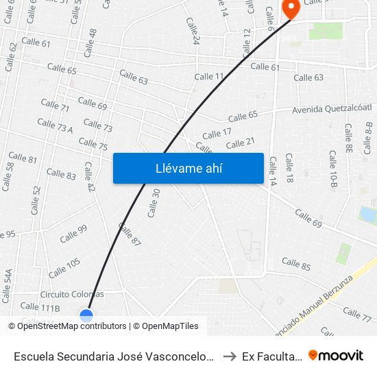 Escuela Secundaria José Vasconcelos, Parque Cinco Colonias, Calle 46b Por 115 Y 113, Cinco Colonias to Ex Facultad De Derecho (Uady) map