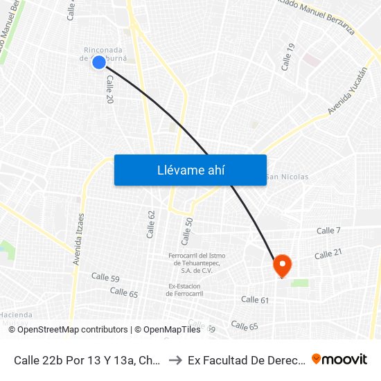 Calle 22b Por 13 Y 13a, Chuburna Inn II to Ex Facultad De Derecho (Uady) map