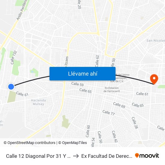 Calle 12 Diagonal Por 31 Y 33, Mulsay I to Ex Facultad De Derecho (Uady) map