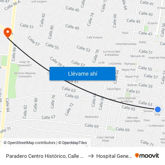 Paradero Centro Histórico, Calle 54 Por 63 Y 65, Centro to Hospital General O'Horan map