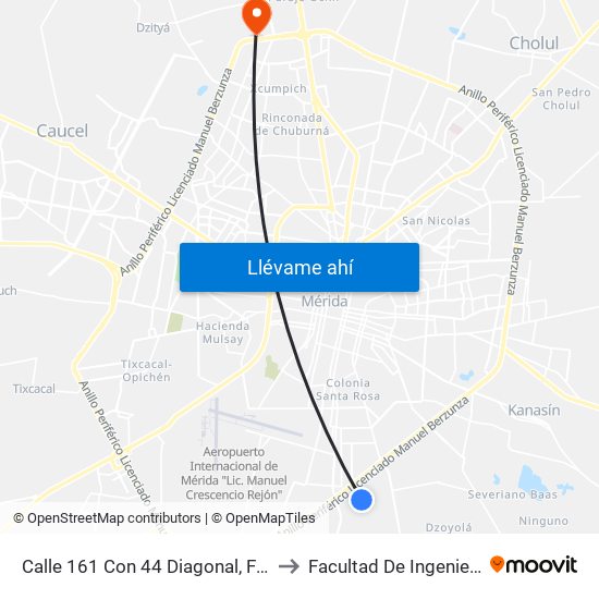 Calle 161 Con 44 Diagonal, Fraccionamiento Bellavista to Facultad De Ingeniería Química (Uady) map