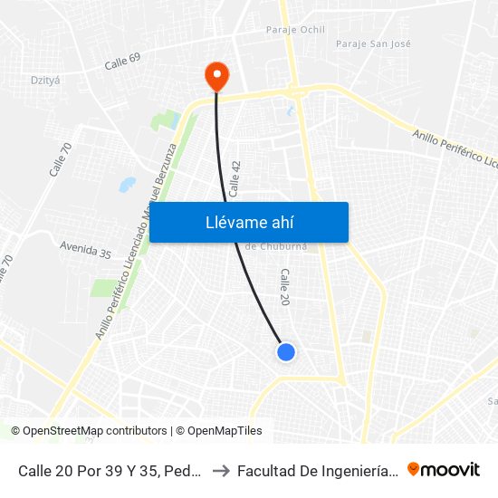 Calle 20 Por 39 Y 35, Pedregales De  Tanlum to Facultad De Ingeniería Química (Uady) map