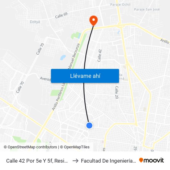 Calle 42 Por 5e Y 5f, Residencial Pensiones. to Facultad De Ingeniería Química (Uady) map