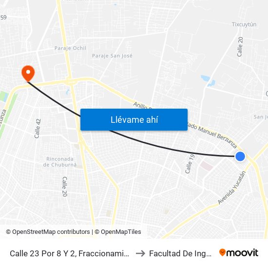 Calle 23 Por 8 Y 2, Fraccionamiento José María Iturralde (Las Águilas) to Facultad De Ingeniería Química (Uady) map