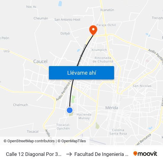 Calle 12 Diagonal Por 39 Y 41, Mulsay I to Facultad De Ingeniería Química (Uady) map