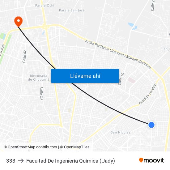 333 to Facultad De Ingeniería Química (Uady) map