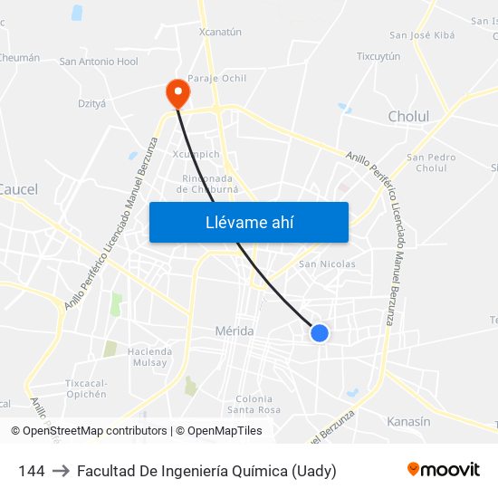 144 to Facultad De Ingeniería Química (Uady) map