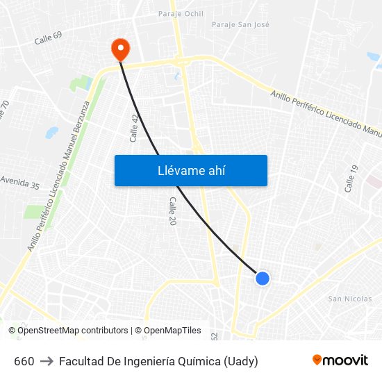 660 to Facultad De Ingeniería Química (Uady) map