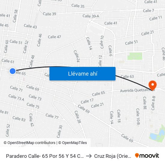 Paradero Calle- 65 Por 56 Y 54 Centro to Cruz Roja (Oriente) map