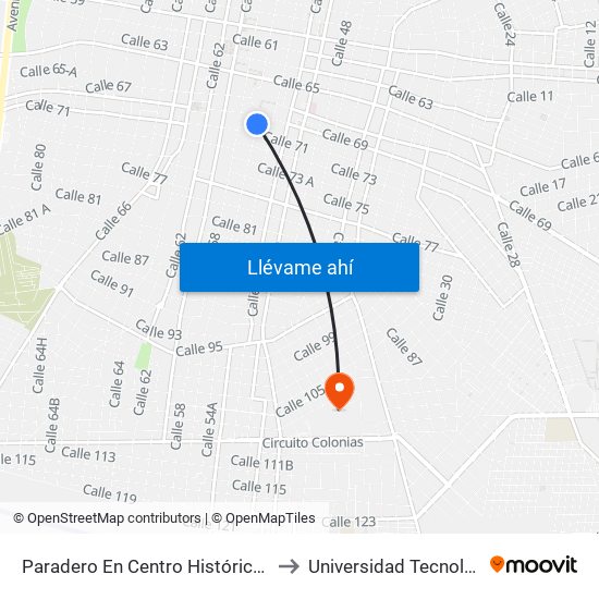 Paradero En Centro Histórico, Calle 56 X 69 Y 71, Centro to Universidad Tecnológica Metropolitana map