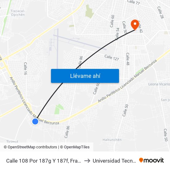 Calle 108 Por 187g Y 187f, Fraccionamiento Santa Cruz Palomeque to Universidad Tecnológica Metropolitana map