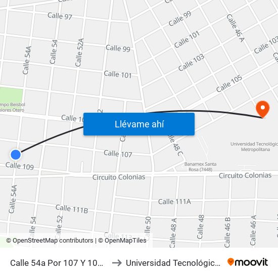 Calle 54a Por 107 Y 109, Dolores Otero to Universidad Tecnológica Metropolitana map