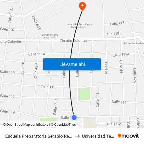 Escuela Preparatoria Serapio Rendón, Calle 119 Por 46c Y 46b, Cinco Colonias to Universidad Tecnológica Metropolitana map