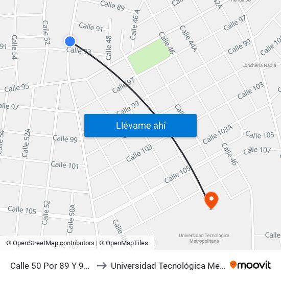 Calle 50 Por 89 Y 93, Centro to Universidad Tecnológica Metropolitana map