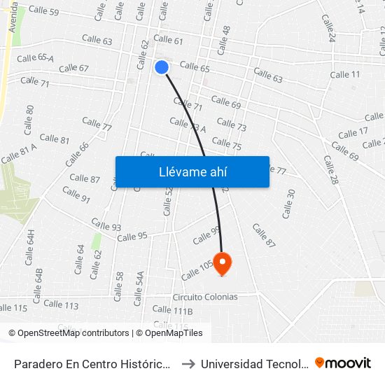 Paradero En Centro Histórico, Calle 58 Por 65 Y 67, Centro to Universidad Tecnológica Metropolitana map