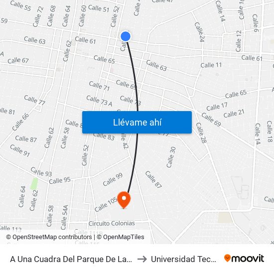 A Una Cuadra Del Parque De La Mejorada, Calle 48 Por 57 Y 55, Centro to Universidad Tecnológica Metropolitana map