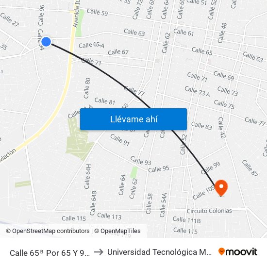 Calle 65ᴮ Por 65 Y 94, Centro to Universidad Tecnológica Metropolitana map