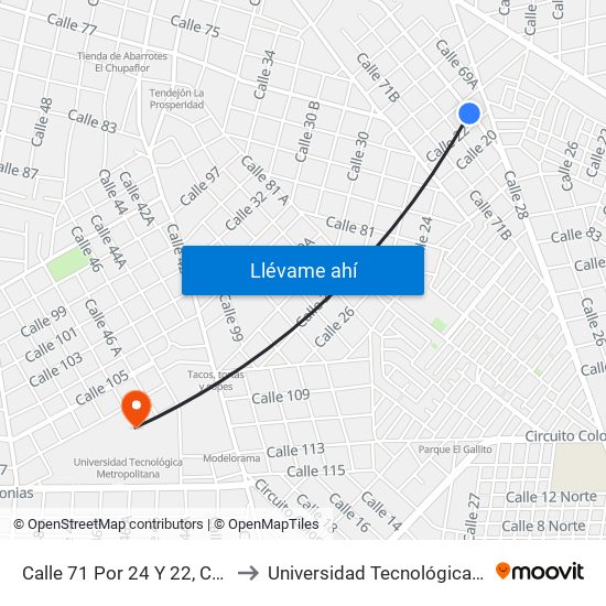 Calle 71 Por 24 Y 22, Colonia Azcorra to Universidad Tecnológica Metropolitana map