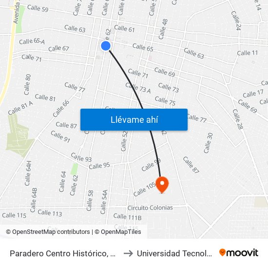 Paradero Centro Histórico,  Calle 62 Por 65 Y 67,Centro to Universidad Tecnológica Metropolitana map