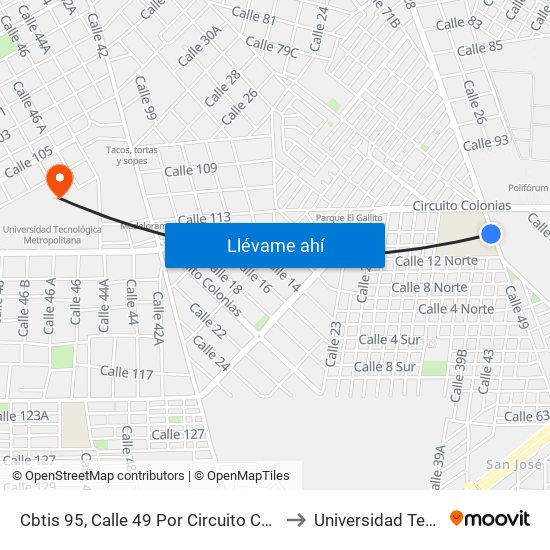 Cbtis 95, Calle 49 Por Circuito Colonias Y 12 Nte, Colonia Salvador Alvarado Sur to Universidad Tecnológica Metropolitana map