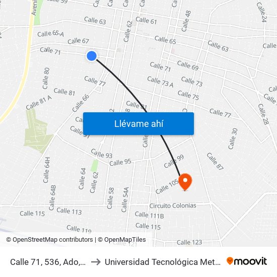 Calle 71, 536, Ado, Centro to Universidad Tecnológica Metropolitana map