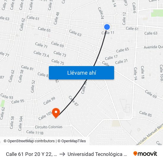 Calle 61 Por 20 Y 22, Esperanza to Universidad Tecnológica Metropolitana map