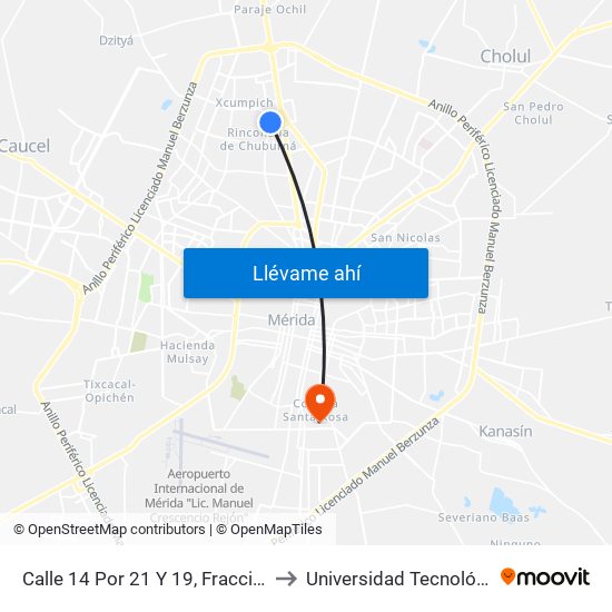 Calle 14 Por 21 Y 19, Fraccionamiento Loma Bonita to Universidad Tecnológica Metropolitana map