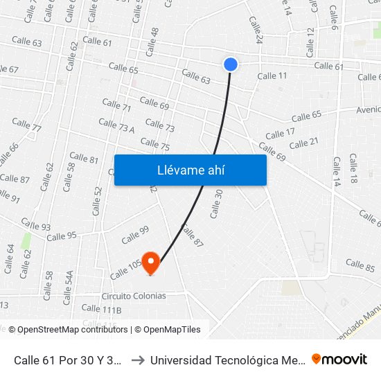 Calle 61 Por 30 Y 34, Centro to Universidad Tecnológica Metropolitana map