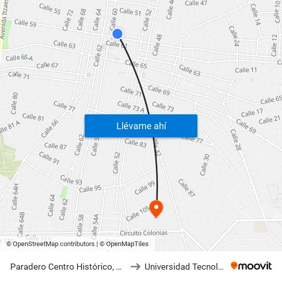 Paradero Centro Histórico, Calle 58 Por 57 Y 59, Centro to Universidad Tecnológica Metropolitana map