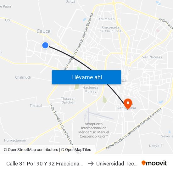 Calle 31 Por 90 Y 92 Fraccionamiento Ciudad Caucel Seccion Boulevares to Universidad Tecnológica Metropolitana map