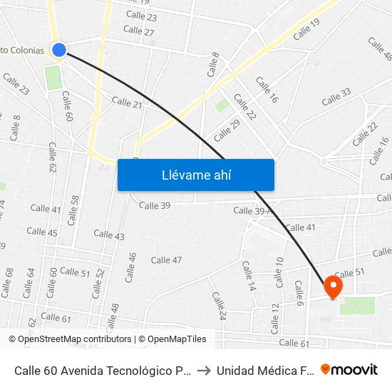 Calle 60 Avenida Tecnológico Por Circuito Colonias, Buenavista to Unidad Médica Familiar #59 (Imss) map