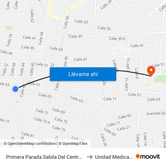 Primera Parada Salida Del Centro Histórico, Calle 65 Por 64 Y 66, Centro to Unidad Médica Familiar #59 (Imss) map