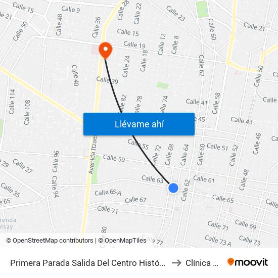 Primera Parada Salida Del Centro Histórico, Calle 65 Por 64 Y 66, Centro to Clínica De Mérida map