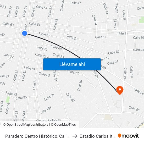 Paradero Centro Histórico,  Calle 62 Por 65 Y 67,Centro to Estadio Carlos Iturralde Rivero map