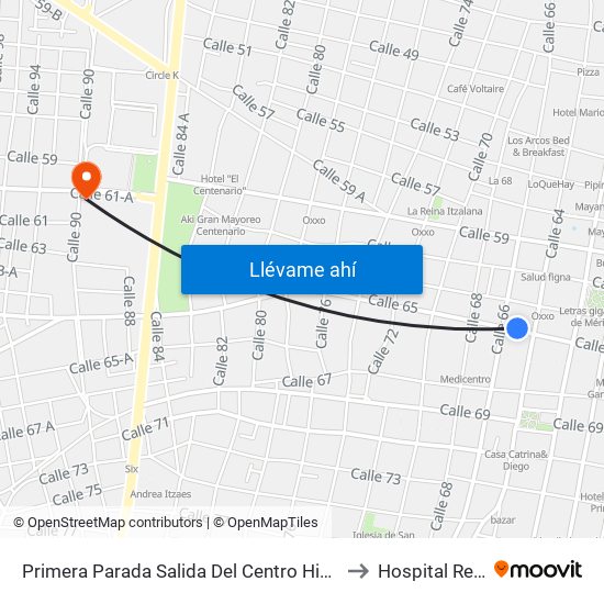 Primera Parada Salida Del Centro Histórico, Calle 65 Por 64 Y 66, Centro to Hospital Regional Militar map