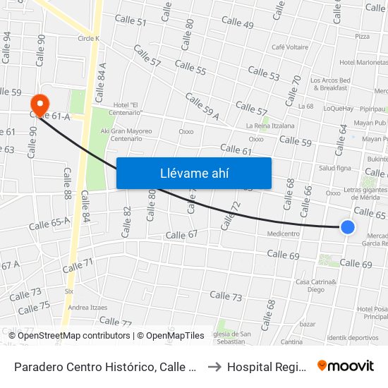 Paradero Centro Histórico,  Calle 62 Por 65 Y 67,Centro to Hospital Regional Militar map