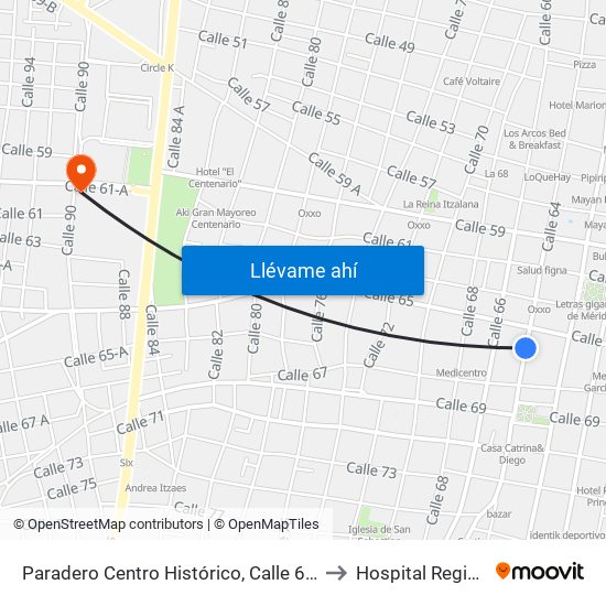 Paradero Centro Histórico, Calle 64 Por 67 Y 65, Centro to Hospital Regional Militar map