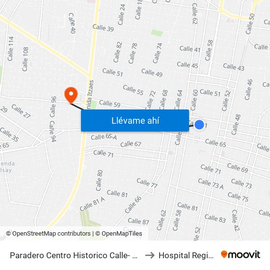 Paradero Centro Historico Calle- 61 Por 56 Y 58 Centro to Hospital Regional Militar map