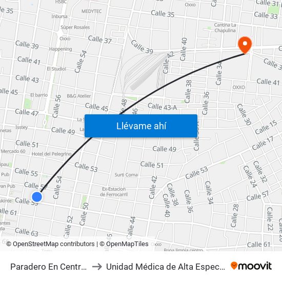 Paradero En Centro Histórico, Calle 58 Por 61 Y 63, Centro to Unidad Médica de Alta Especialidad (UMAE) Hospital Regional No 1 - Ignacio García Téllez map